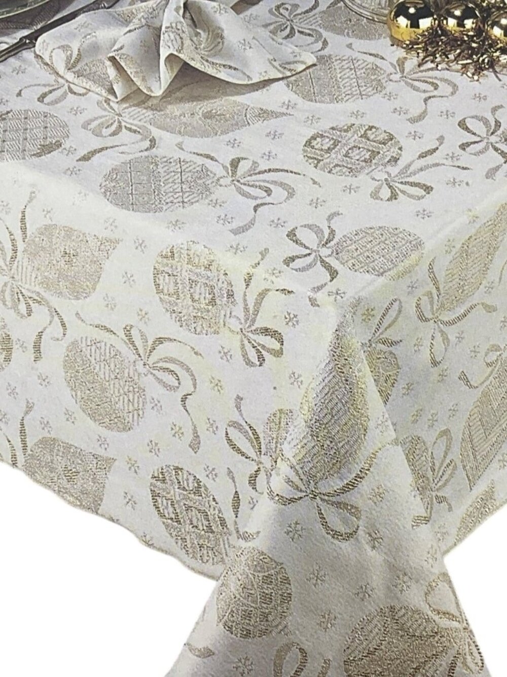 VTG Lintex España Collection Christmas Balls Gold Round Jacquard Tablecloth 70"
